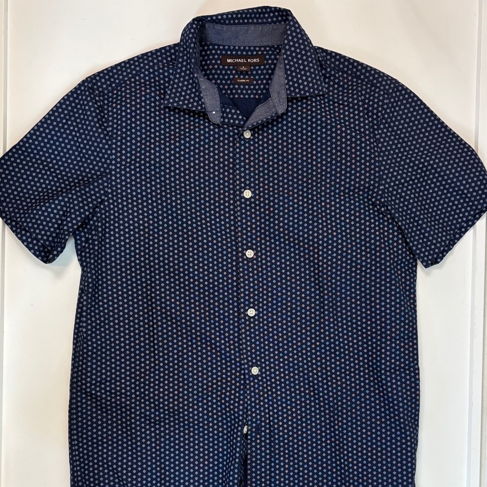 Michael Kors Men's Navy Short-Sleeve Dot-Print Shirt S Like New
